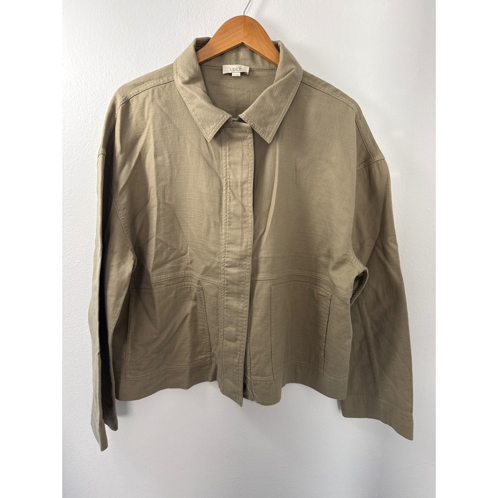 LOFT XL Cotton Shirt Jacket Olive Green Shacket Minimalist Button Front Casual